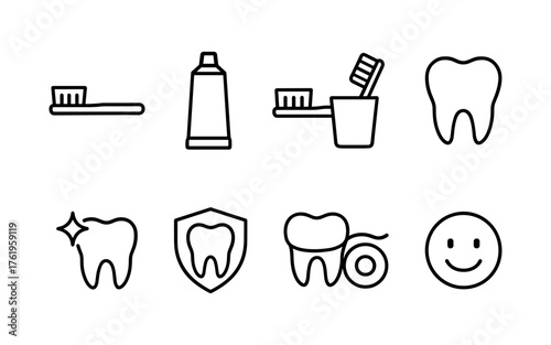 Dental health and tooth care icons set. Healthy teeth, cavity, protection, prevention, dentistry. Outline vector illustrations