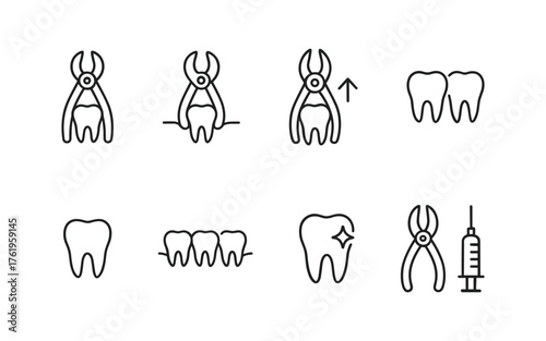 Dental health and tooth care icons set. Healthy teeth, cavity, protection, prevention, dentistry. Outline vector illustrations
