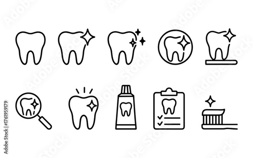 Dental health and tooth care icons set. Healthy teeth, cavity, protection, prevention, dentistry. Outline vector illustrations