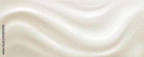 Creamy silk fabric with milk white surface and soft folds for luxury textile background. Smooth satin material with gentle waves or elegant drapery. Pure bridal cloth design. Milky food or yogurt bg.