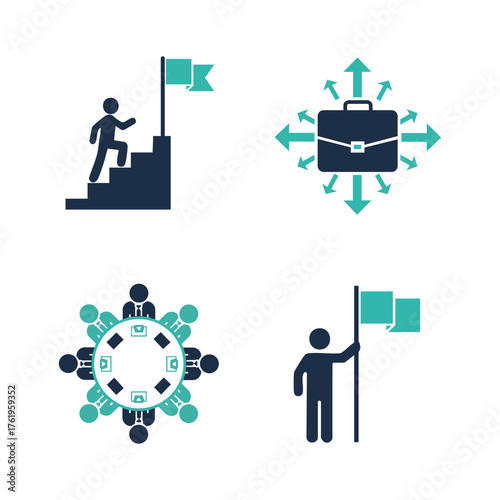 Business strategy icons featuring growth success teamwork opportunity and achievement concepts