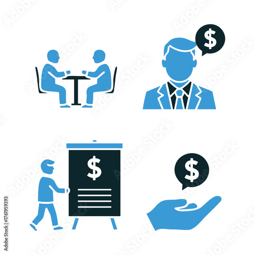 Business and finance icons representing investment meeting presentation and earnings