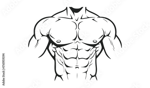 Line art illustration of a muscular male torso with defined abs and chest