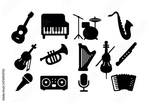 Silhouette collection: musical instruments including guitar, piano, drums, and saxophone