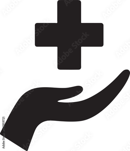 Health care silhouette with cross and open hand, symbolizing medical aid and support.