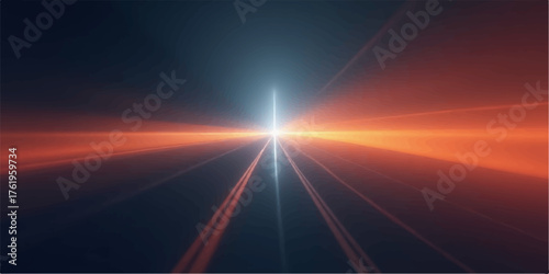 Bright light emanating from a distant horizon with glowing orange streaks and a dark background