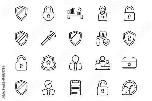 Security and protection icon set shields locks people and calendar elements for digital safety