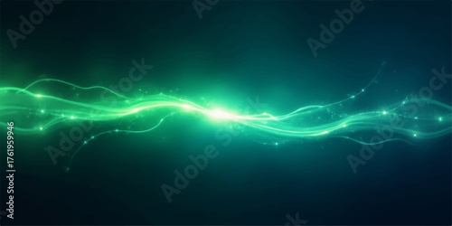 Abstract glowing green energy wave with light particles flowing across dark background