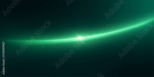 Abstract glowing green light streak curving through dark space with bright starburst