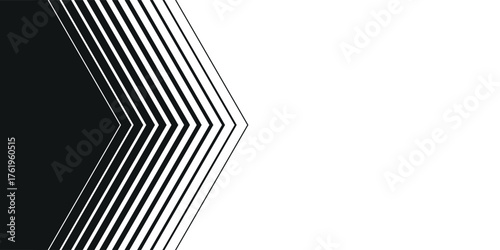 Minimal Black and White Background with Arrow Pointing Right. Striped Transition from Black to White Abstract Strict Lines. Simple Pattern. Vector Illustration.