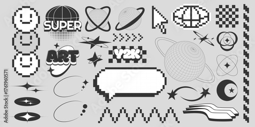 Retro y2k sticker icon set with pixel art smiling faces and wireframe spheres for nostalgic digital design. Black and white graphics with stars, orbits and checkerboard patterns. Vintage elements.