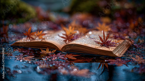 雨上がりの芝生に置かれた開いた本と濡れた落ち葉が光を映す近景