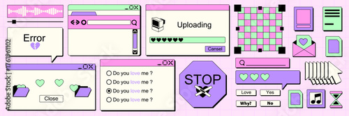 Retro y2k sticker window interface elements with error messages, uploading bars and browser frames for nostalgic web design. Pink and purple digital popup dialogs with hearts, buttons and icons.