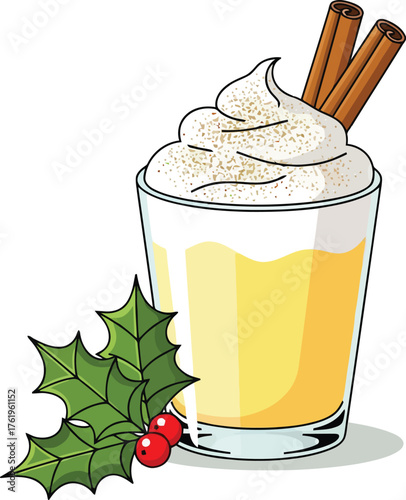 Cozy holiday beverage with cream cinnamon and holly sprig festive drink illustration for seasonal designs vector