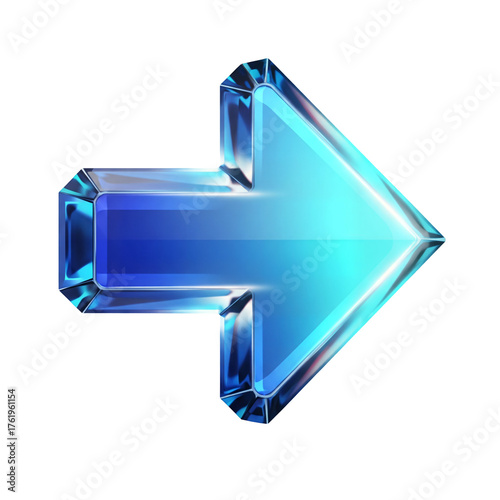 A blue crystal arrow pointing right. A glossy and shiny 3D arrow icon for next, forward, or continue, a modern UI button. Isolated on transparent background, png.