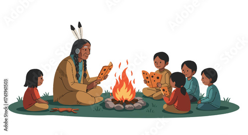 Illustration of a Native American man telling a story to children sitting around a campfire with a teddy bear on a green mat against a white
