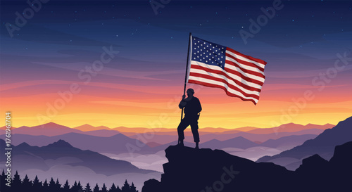 Silhouette of a soldier holding an American flag on a cliff at sunset with mountains in the background.