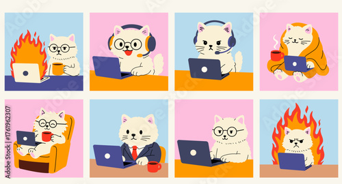Funny Remote Work Cats with Laptops and Coffee