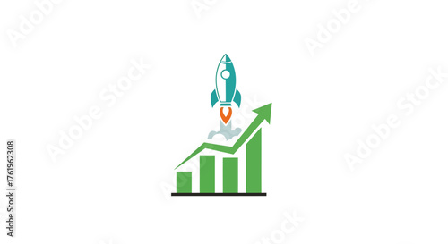 Vector icon of a rocket launching from a rising bar chart, symbolizing business growth, startup success, and financial progress