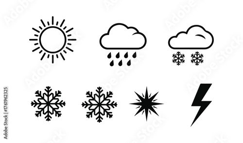 Collection of weather icons representing sun rain snow storm and lightning
