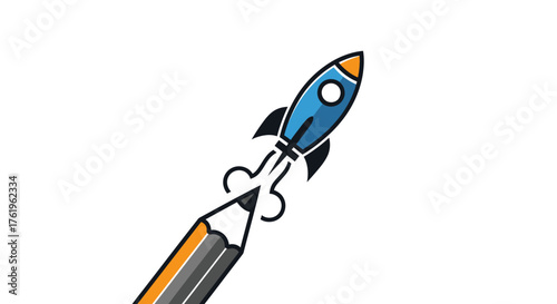Simple vector logo of a pencil transforming into a launching rocket, a clean design concept for a creative startup or technology business