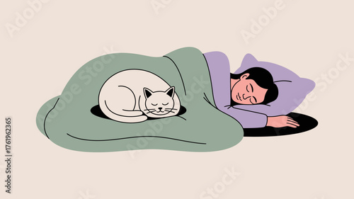 Cozy illustration of a person sleeping soundly in bed with their beloved white cat curled up beside them under a warm blanket