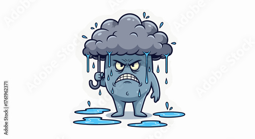 Furious cartoon storm cloud character depicted as a grumpy monster standing in rainy puddles and holding a tiny umbrella