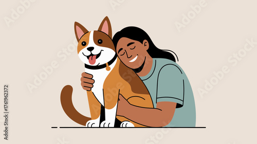 A happy young woman with long dark hair embraces her joyful dog with a wagging tail illustrating a strong bond of love and companionship