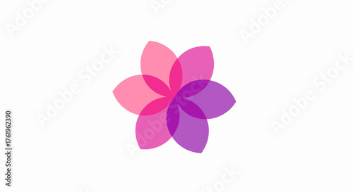 Geometric flower icon with six translucent petals in magenta and violet hues. Abstract floral logo design element for a spa, cosmetic, or wellness brand. Vector eps file