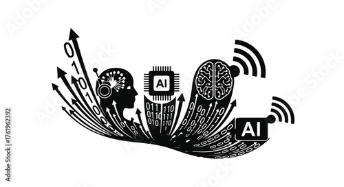 Artificial intelligence concept with human head silhouette, binary code, and network signals