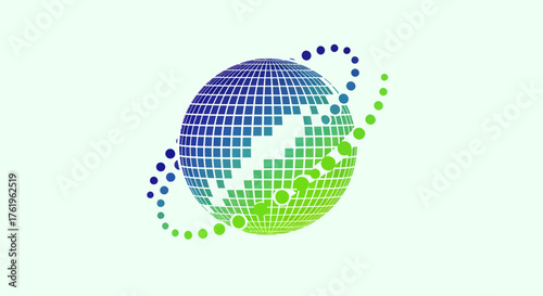 Digital world icon with a blue and green gradient sphere made of squares and swirling data points, symbolizing global networks and technology