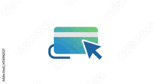 Minimalist flat gradient icon of a credit card with a cursor arrow, symbolizing online payment, digital purchase, and e-commerce transactions