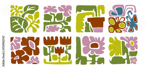 Organic boho square tiles with abstract floral shapes in green, red and pink. Hand drawn cutout style botanical elements - modern decorative set for textile prints, wallpaper or branding materials.