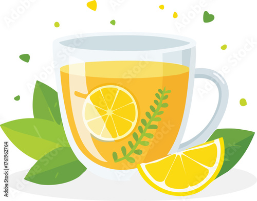 Refreshing hot herbal lemon tea in a clear glass mug