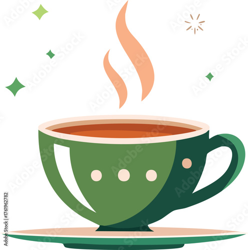 Steaming Green Tea Cup and Saucer Vector Art