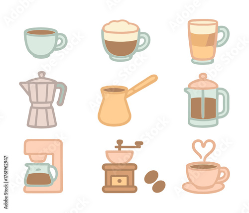 Stylized coffee icons featuring cups moka pot french press espresso machine