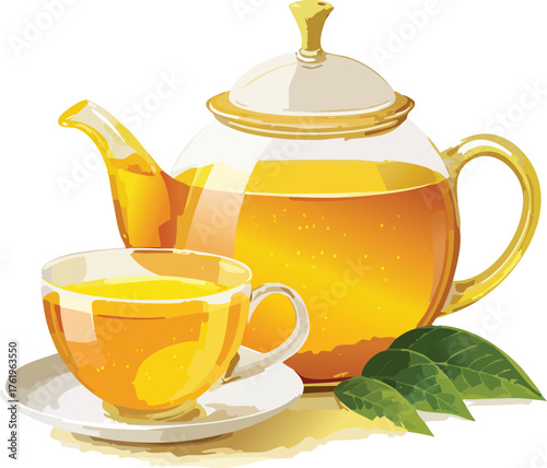 hot tea in glass teapot and cup illustration
