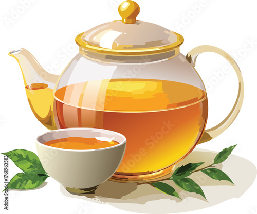 Teapot with Herbal Tea Vector Illustration