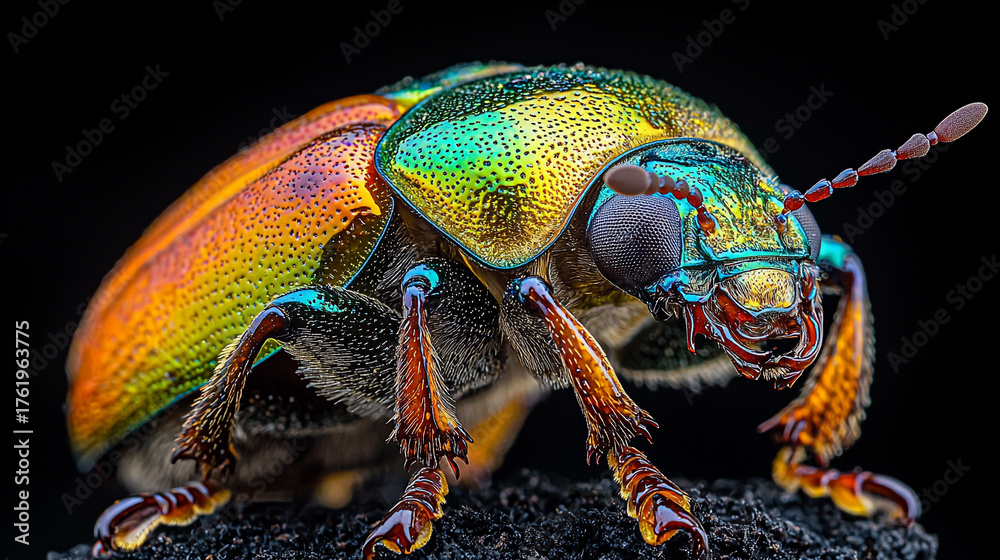Fototapeta premium Close-up view of a colorful beetle with shiny exoskeleton Generative AI