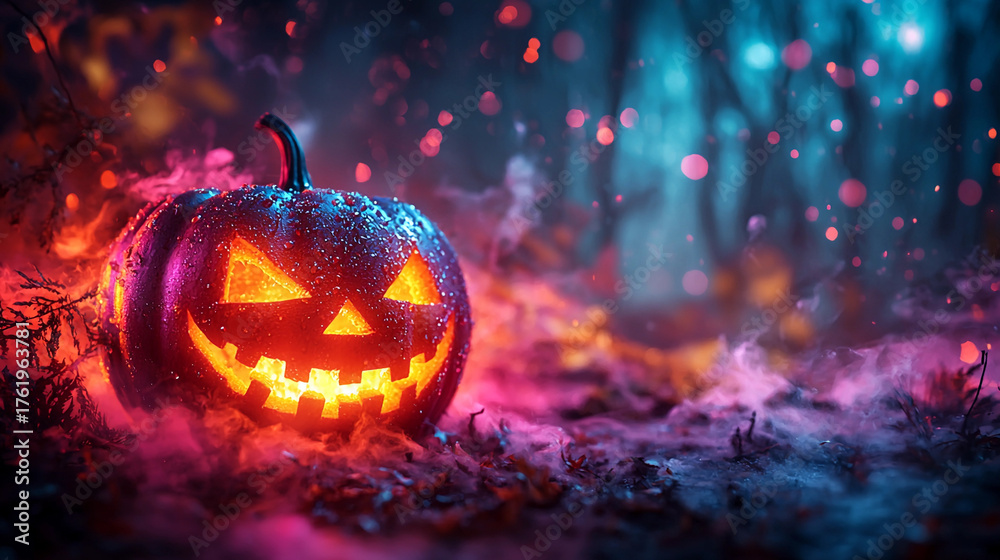 Naklejka premium Glowing jack-o-lantern in a colorful forest scene Generative AI