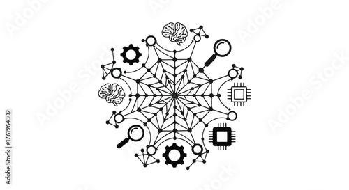 Intricate network of interconnected digital technology and AI concepts forming a complex web