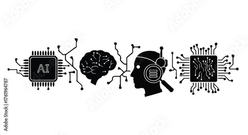Innovative AI concept illustrating the connection between artificial intelligence, human brain, and computer chips.