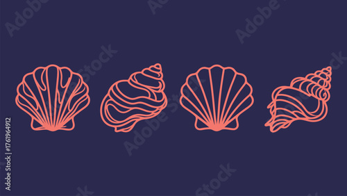 Continuous Line Drawing Set of Seashell and Snail Shell Icons on Dark Blue Background