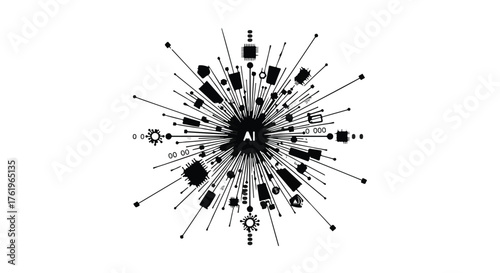 Explosion of digital components and connections representing artificial intelligence and data.