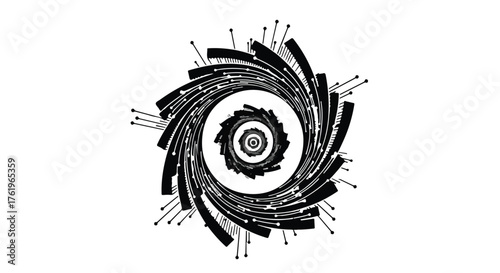 Abstract swirling black pattern with radiating lines on a white background