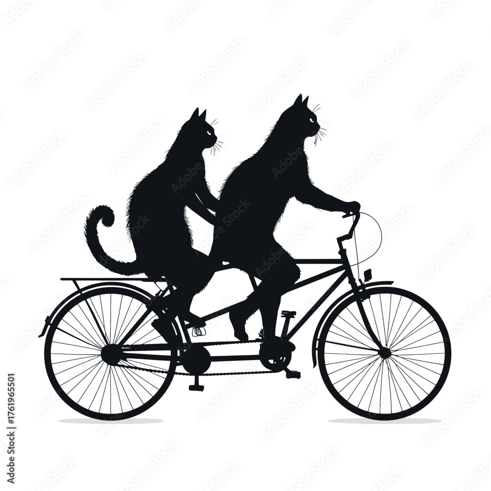 Obraz premium Two black cats riding a tandem bicycle in a minimalist design