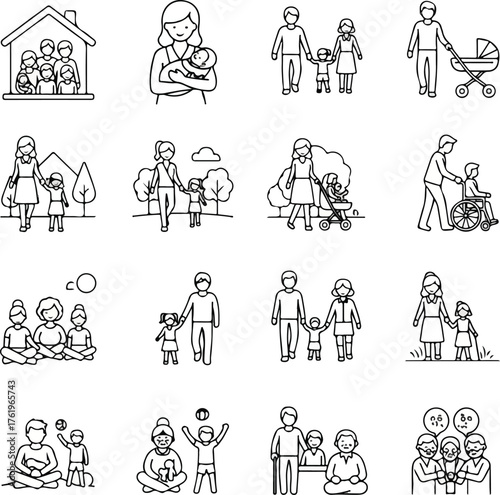Family Life Stages Vector Icons - Parenting, Children, Elderly Care, Family Activities, and Generations