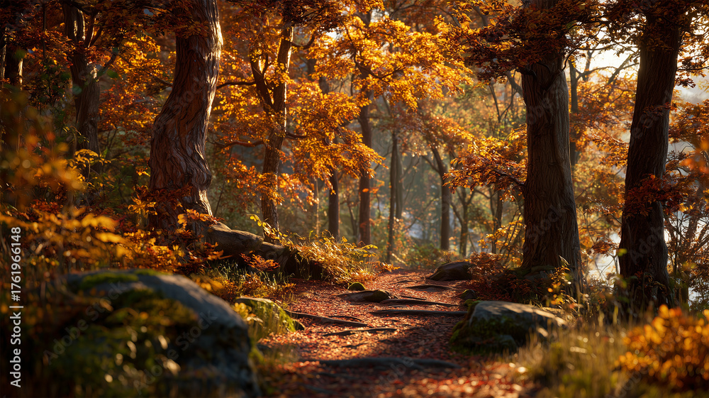 Fototapeta premium 夕暮れ前の黄金色の光が紅葉の森を照らす広角風景を静かに表現、人物なし