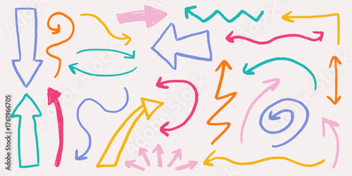 Colorful chalk pencil arrows with hand drawn sketch lines, crayon texture and scribble swirls, grunge texture and doodle direction pointers.