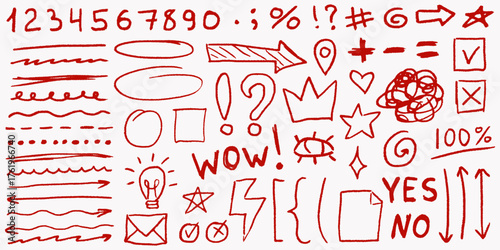 Creative cute red shapes and strokes for notes and cards, textured squiggles, funky crowns and stars, doodled lines, grainy scribbles and playful graphic elements.